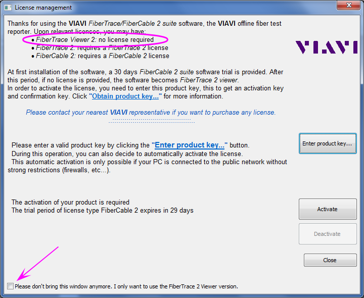 Окно программного пакета VIAVI FiberTrace 2, FiberCable 2 suite