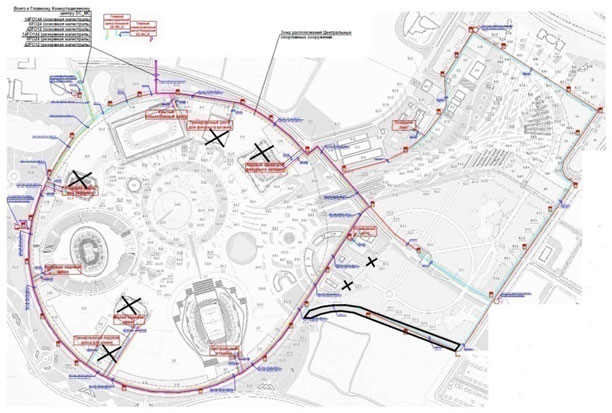 Схема соединения кабелямисвязи спортивных сооруженийсо зданием Главного медиацен-тра. Перекрестиями обозначенысооружения, ликвидируемые вПостолимпийский период.