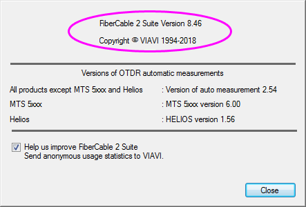 Версия и год выпуска программного обеспечения VIAVI FiberTrace FiberCable 2