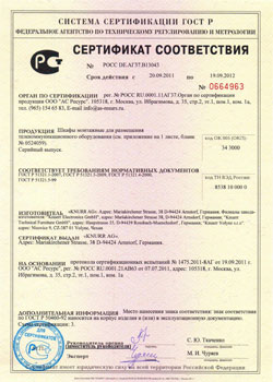 Сертификат соответствия на Шкафы монтажные для размещения телекоммуникационного оборудования Knurr